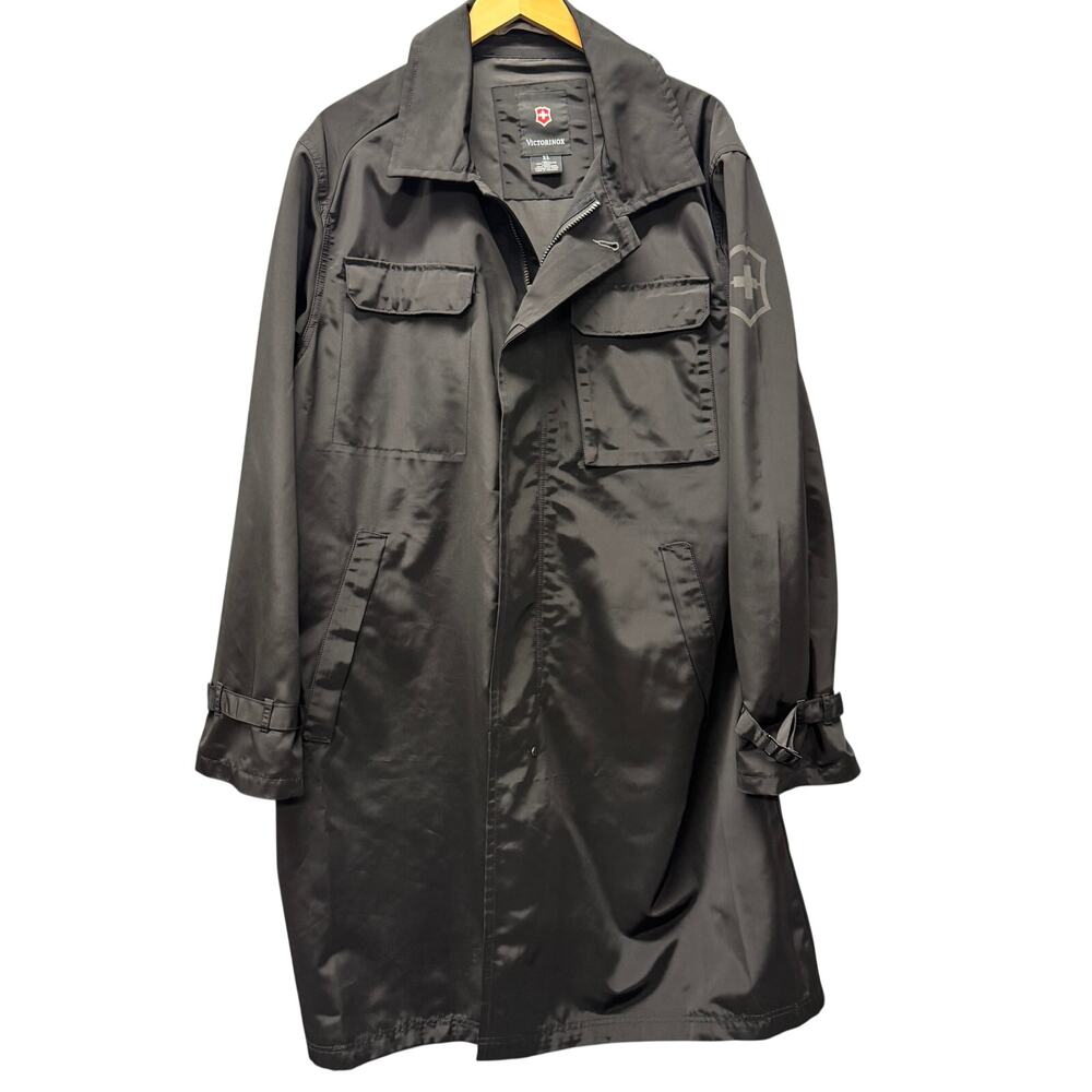 Victorinox Trench Coat Black Swiss Army Multi Pocket Full Zip Button Mens XL